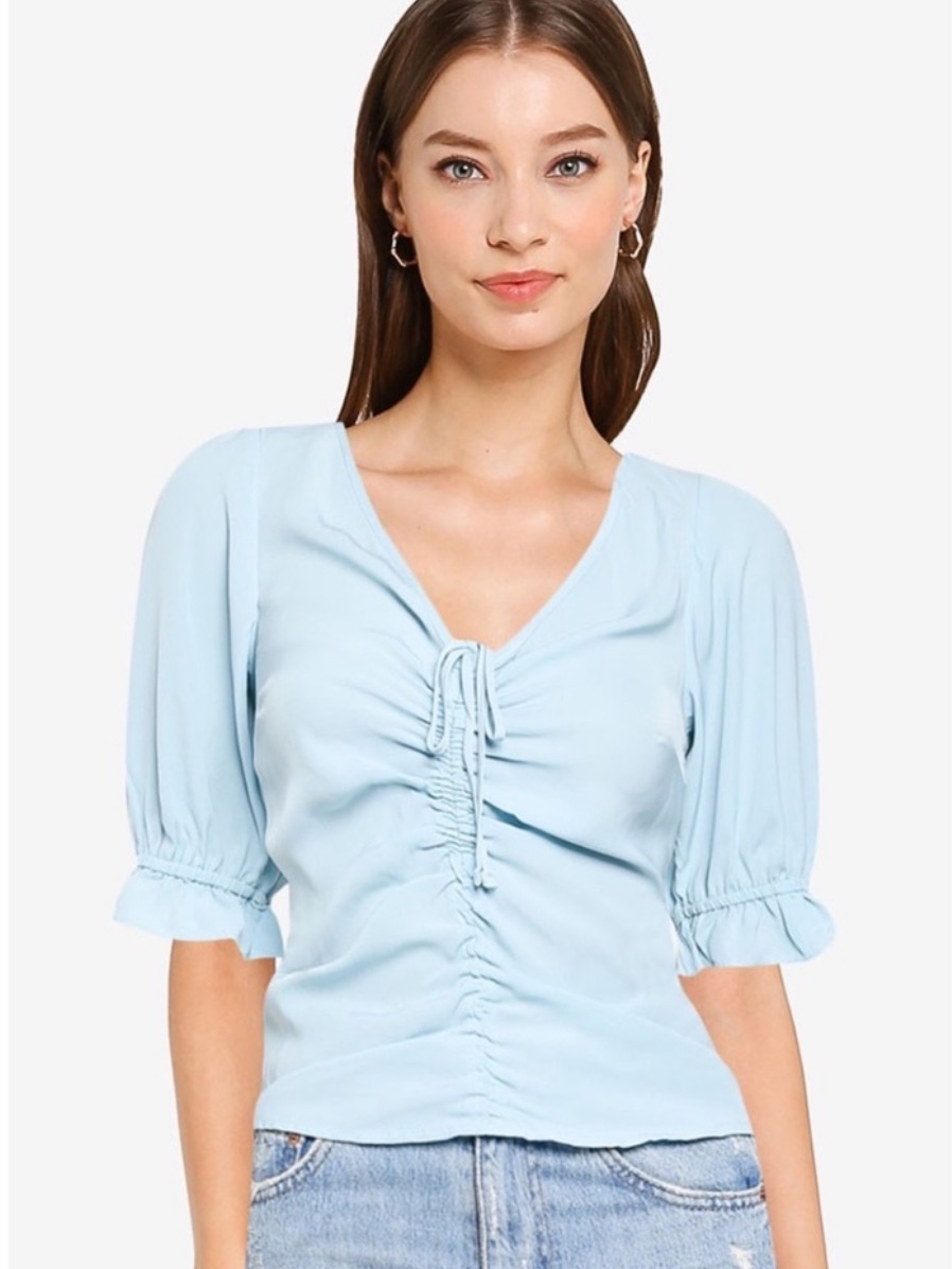 Abercrombie & Fitch Light Blue Ruched V-Neck Puff Sleeve Top